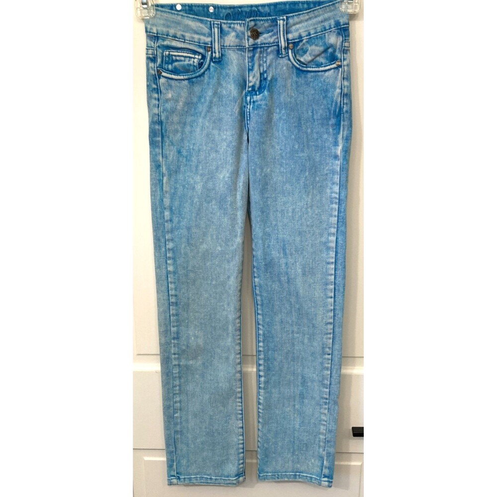 Vtg Y2K Red Rivet Jeans Acid Wash Bright Blue Girls 10 Straight Leg Indie Urban
